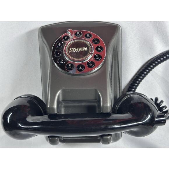 Vintage Metropolis Style Desk Phone Push Button Retro Style Black and Silver - Picture 5 of 7